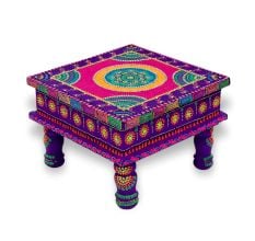 Handicraft Wooden Chourang Pooja Chowki in Purple and Pink